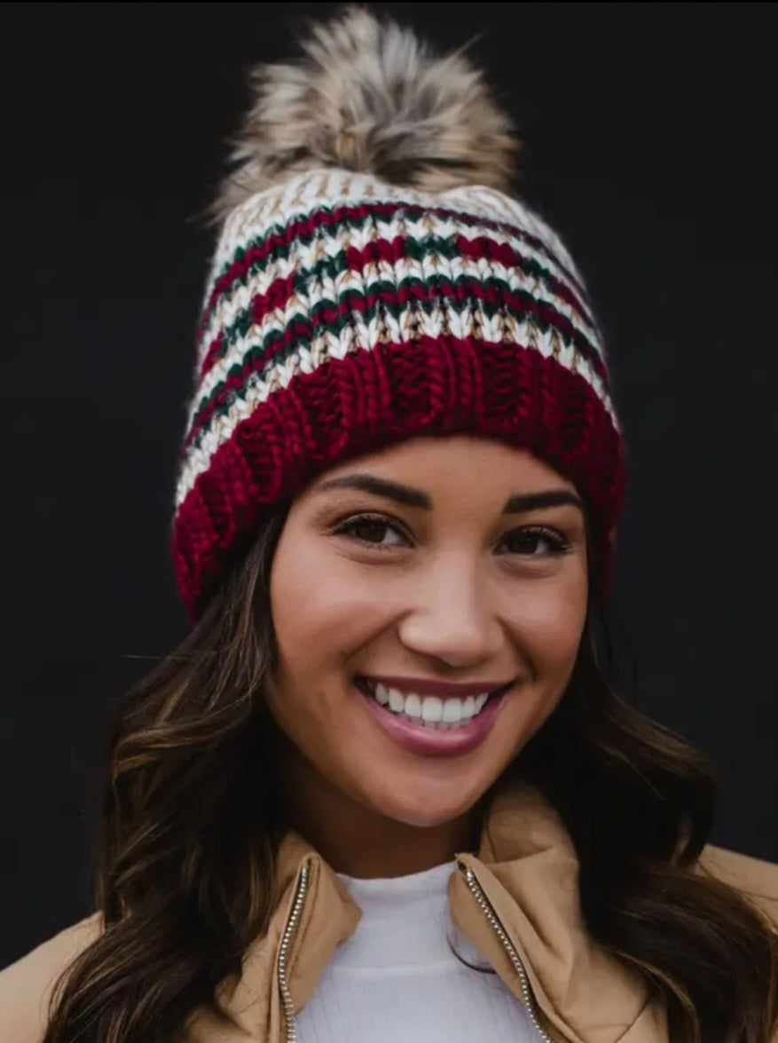 Red/Green Ski Pom Beanie