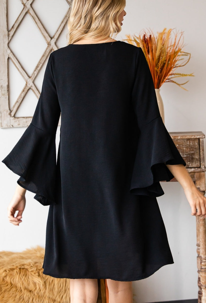 Long black bell sleeve dress hotsell