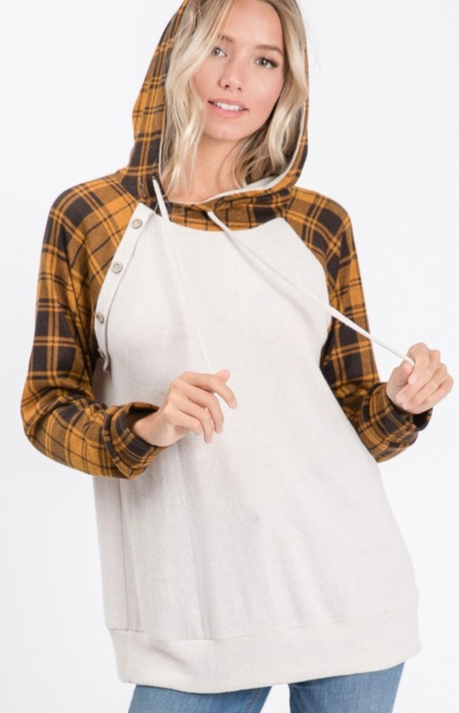 Mustard Plaid Button Hoodie
