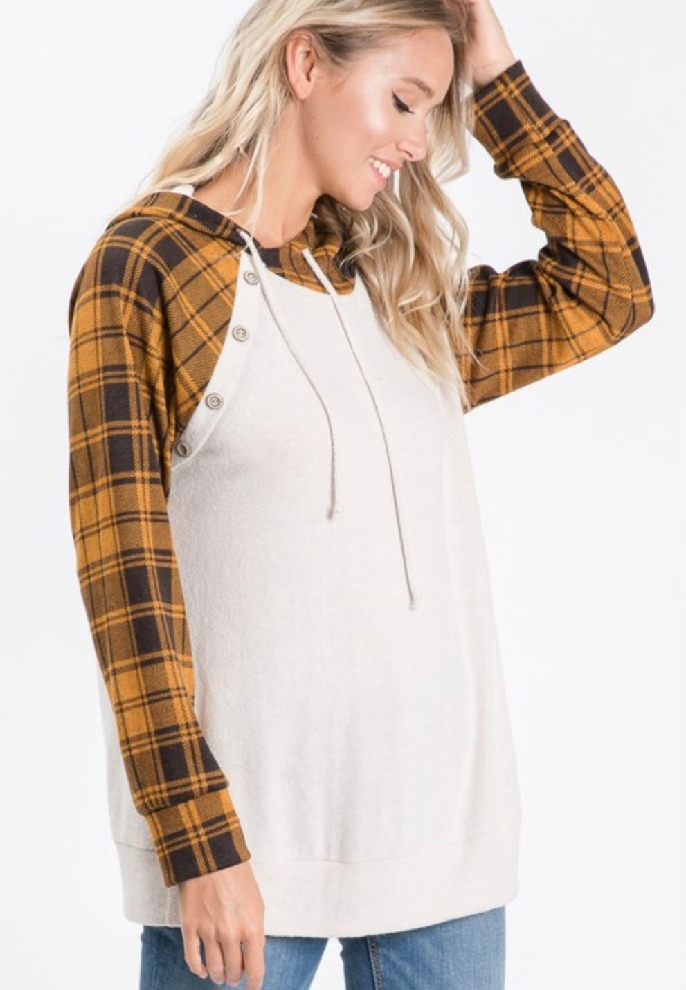 Mustard Plaid Button Hoodie